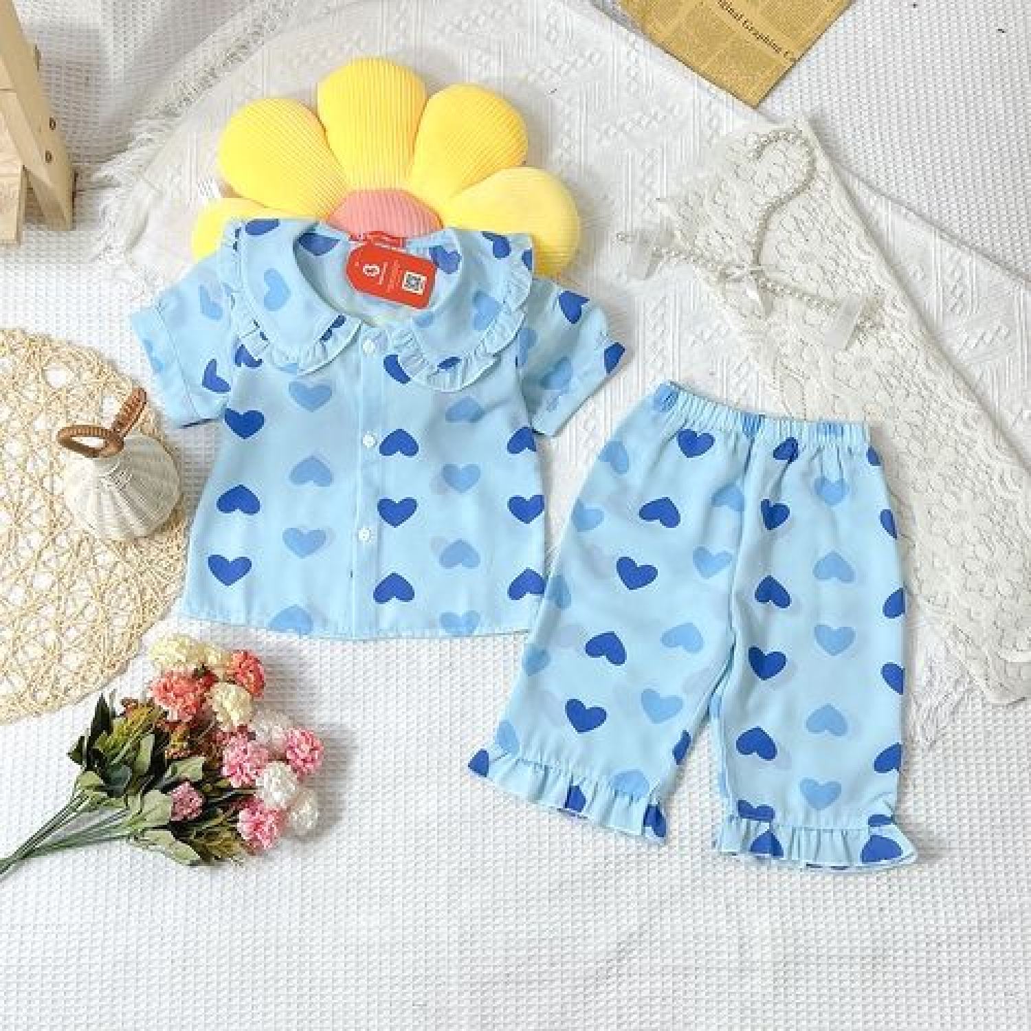 Bộ đồ ngủ pijama cổ bèo cộc lửng lụa mango tay bồng dành cho bé gái từ 1132kg bpn40