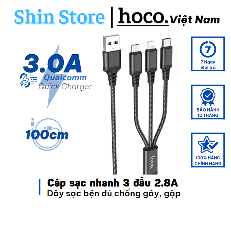 Cáp sạc 3 đầu hoco x76, sạc 2.8a cho 3 cổng dây sạc bện dù độ dài 1m -shinstore