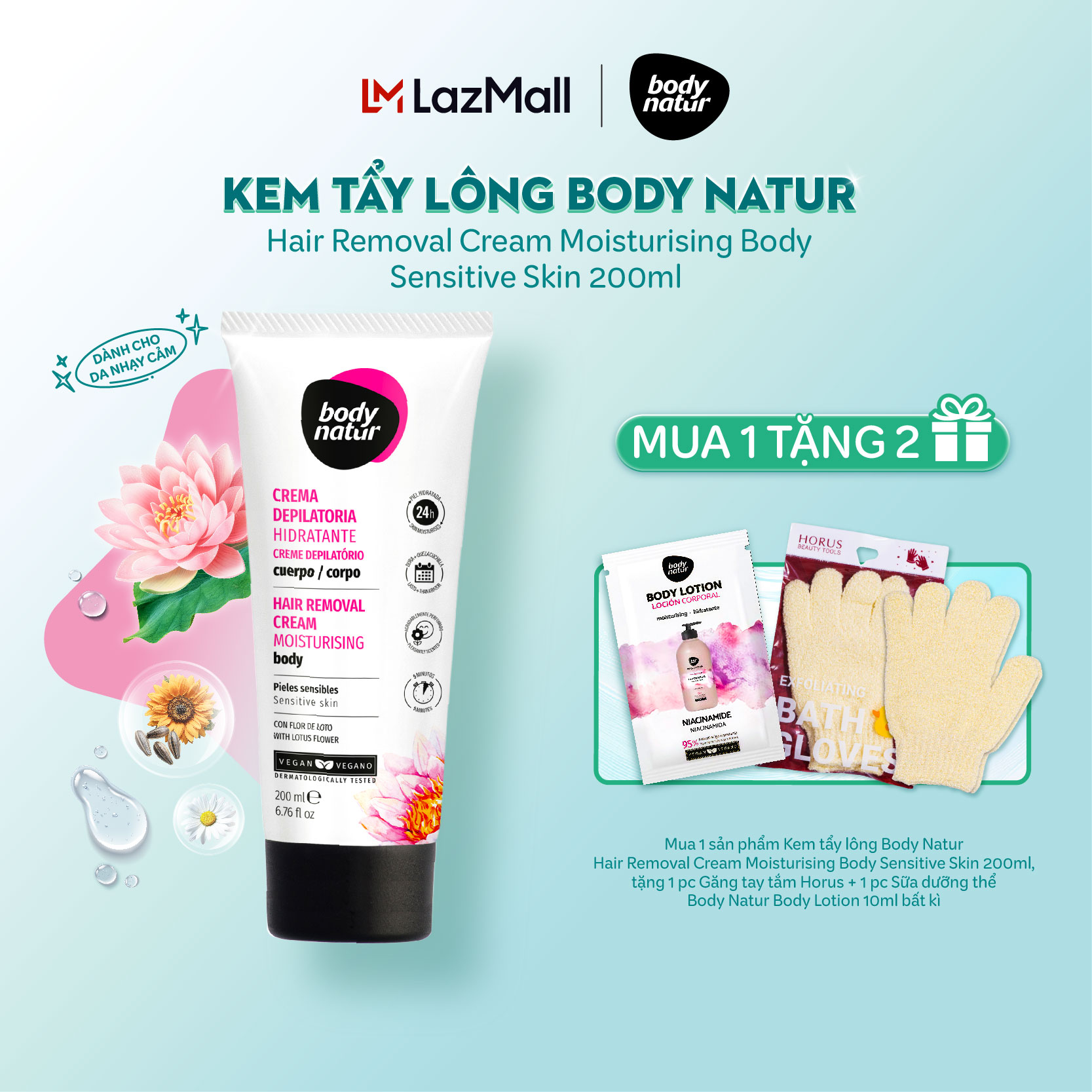 Kem tẩy lông Body Natur Hair Removal Cream Moisturising Body Sensitive Skin 200ml