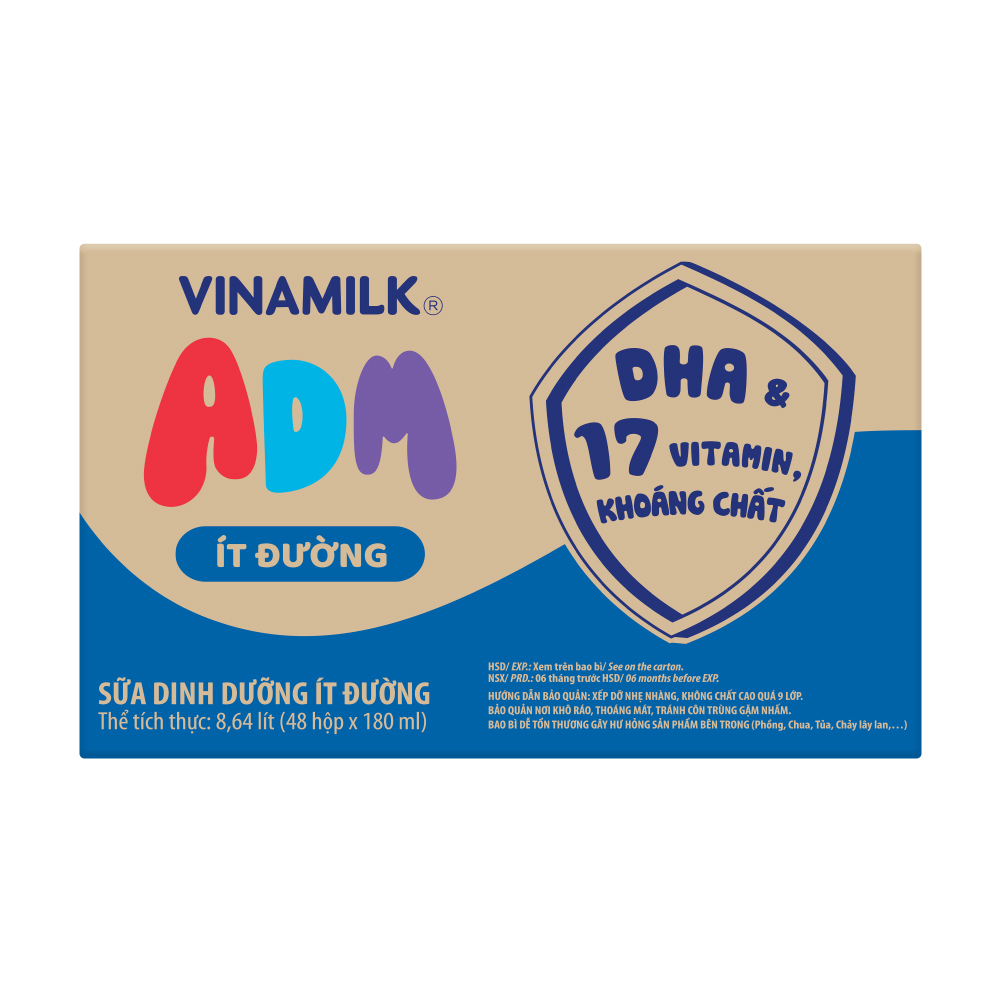sữa dinh dưỡng vinamilk adm ít đường - thùng 48 hộp 180ml 1