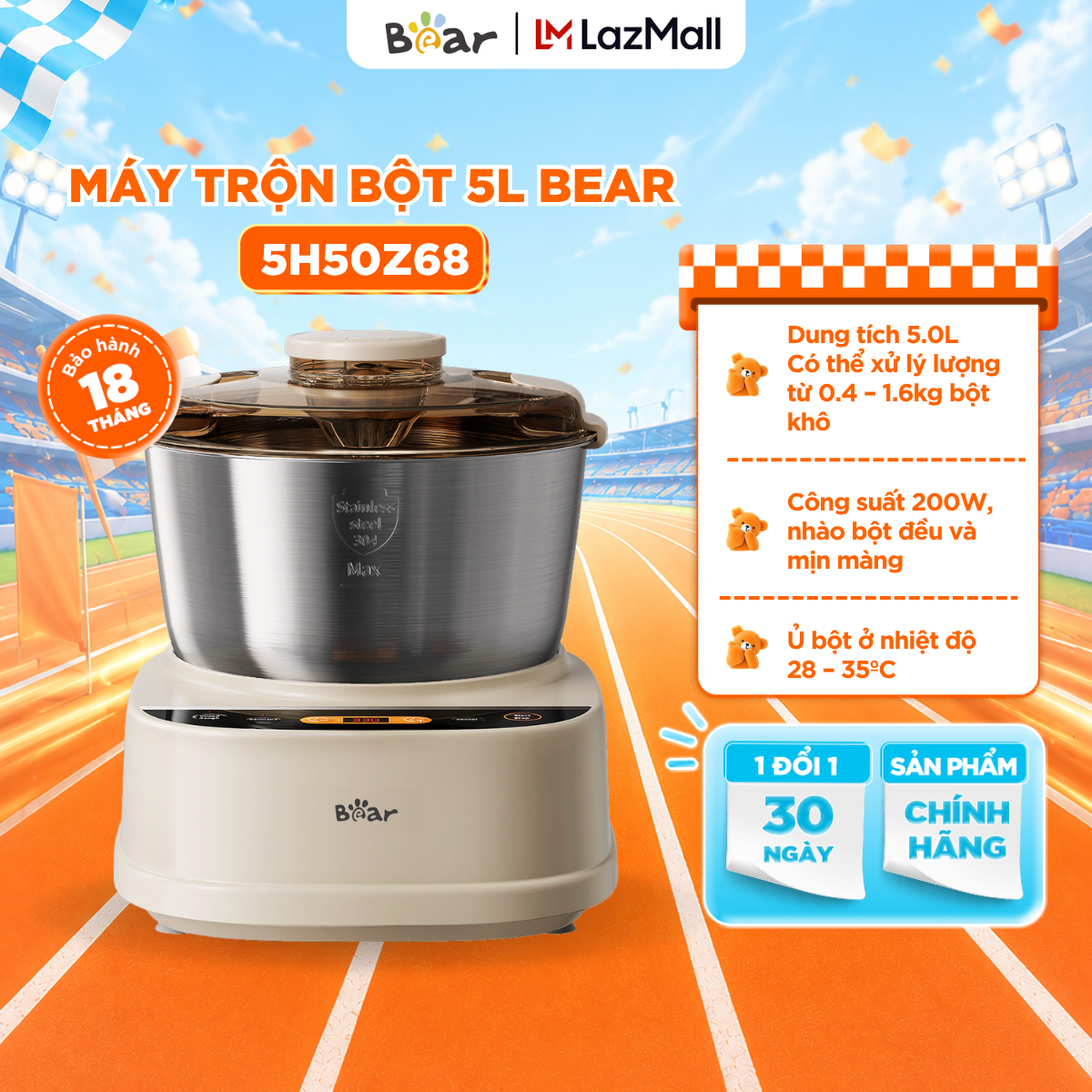 Máy Trộn Bột Bear 5L Inox 304 Ủ Bột Nhào Bột Nhồi Bột Công Suất Lớn Chống Dính Trộn Bột Làm Bánh SM-5H50Z68