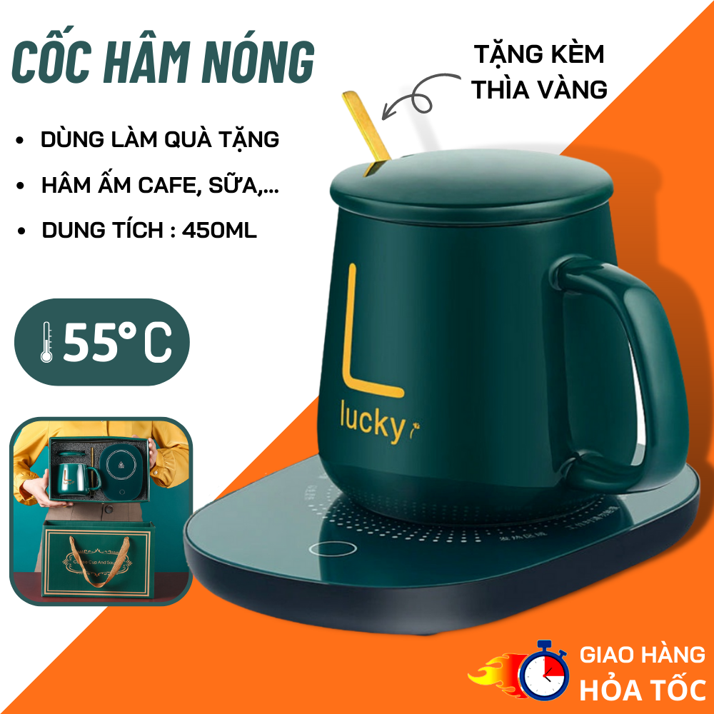 Bộ Cốc Hâm Nóng Đồ Uống Tự Động Đế Tạo Nhiệt Thông Minh, Cốc Sứ Tự Hâm Nóng Cafe Trà + Tặng Kèm Thìa Mạ Vàng