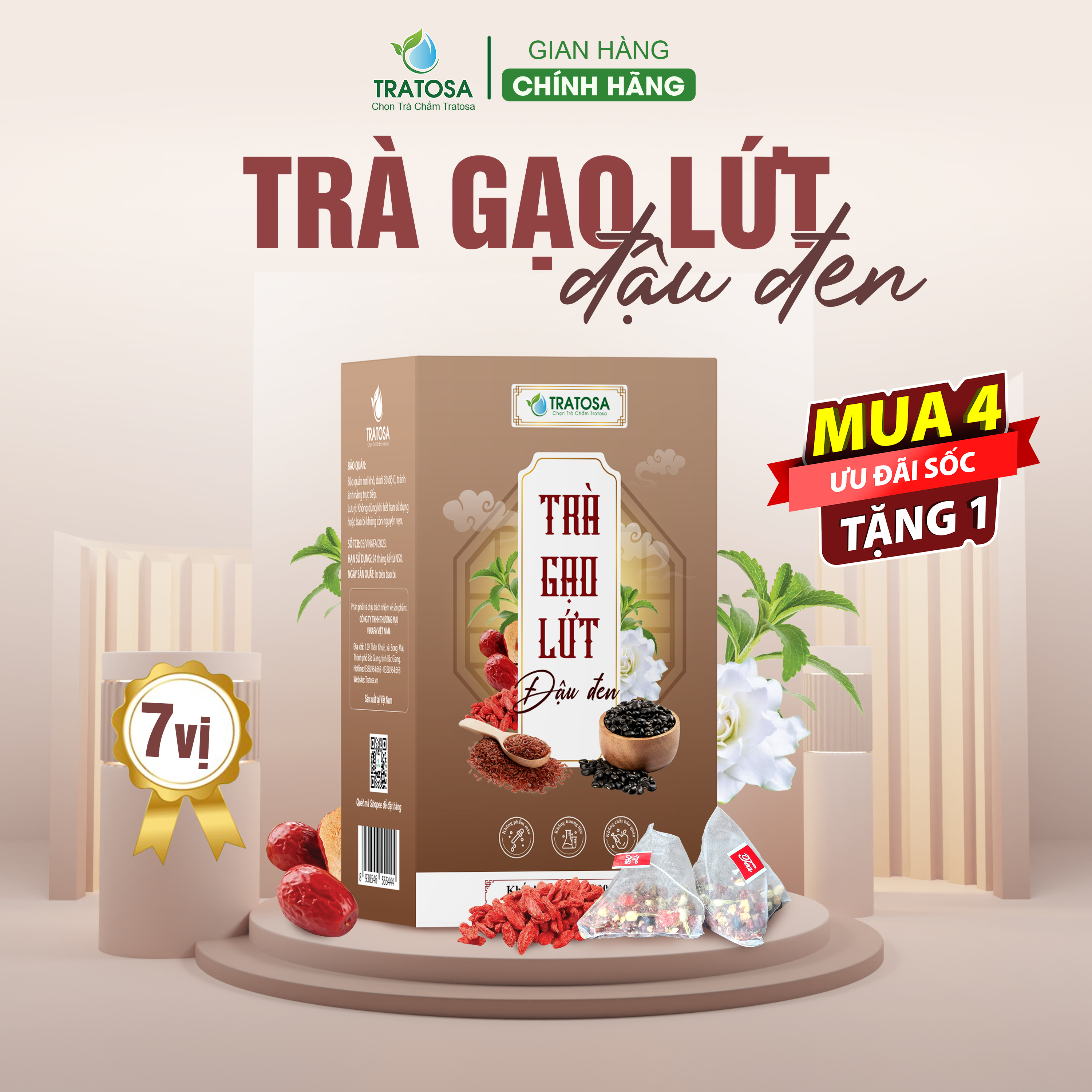 Trà gạo lứt đậu đen 7 Vị TRATOSA mát gan thanh nhiệt, giảm mỡ máu, giảm tiểu đêm, nguyên liệu thiên nhiên hộp 30 túi lọc dùng 1 tháng