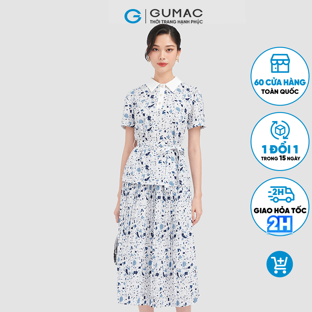 Chân váy họa tiết gumac, chân váy dập ly phối đai lv0921