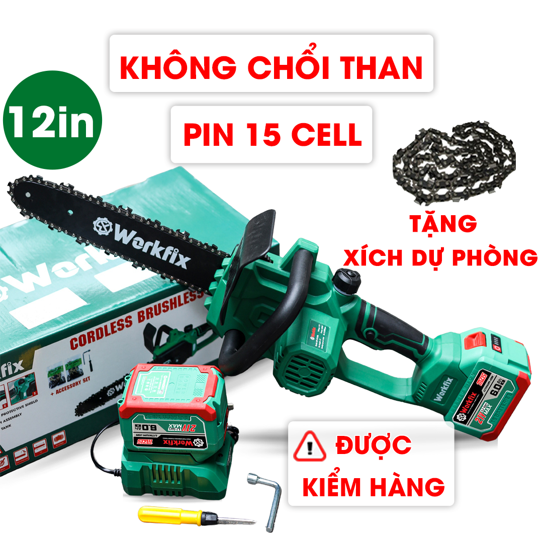 [TẶNG XÍCH DỰ PHÒNG] Máy Cưa Xích Pin 12 inch WORKFIX - 100% Lõi Đồng - Chân Pin Phổ Thông - Cưa Gỗ, Cắt Cây,...