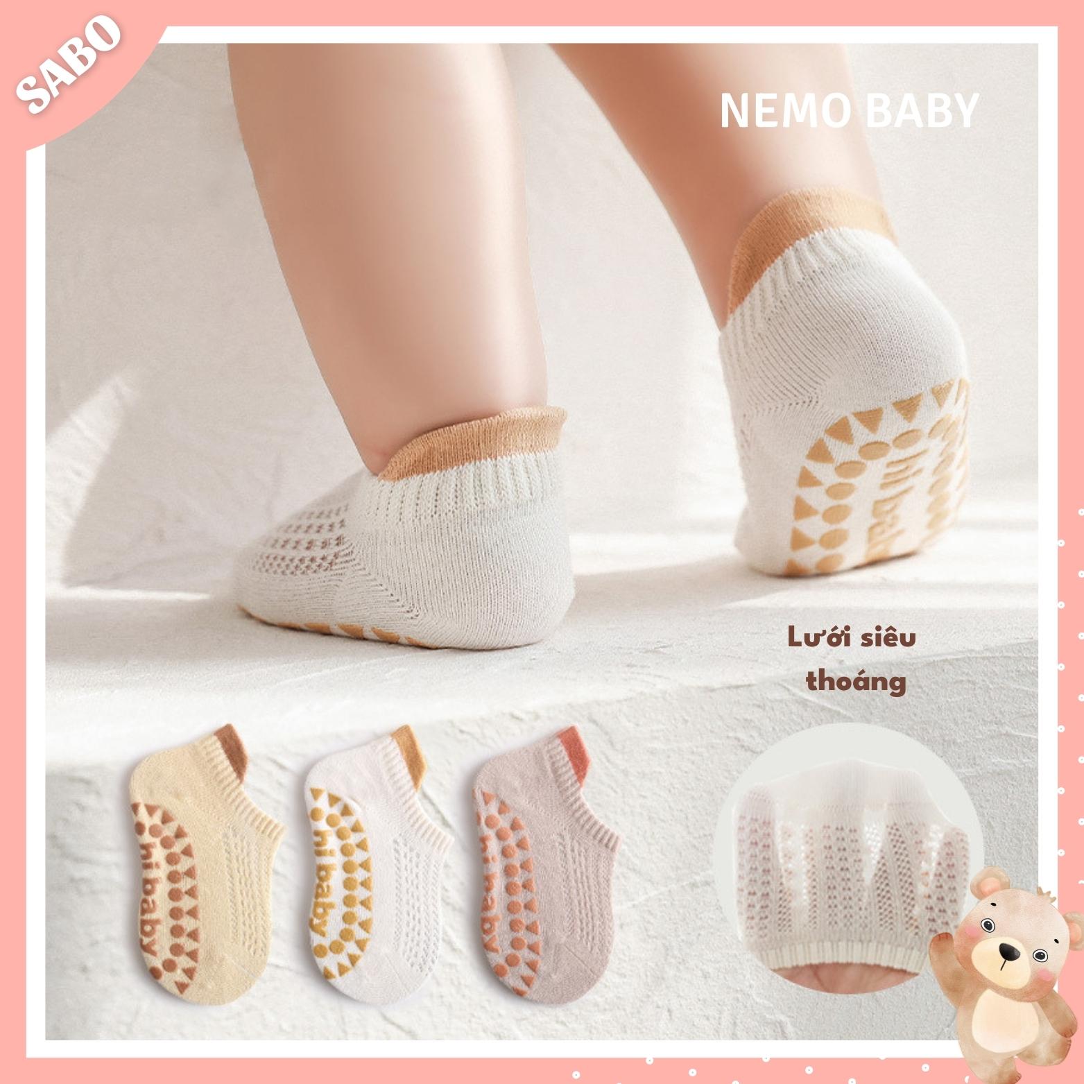 Set 3 đôi tất lưới chống trơn trượt cho bé 0-3 tuổi nemo baby, tất hè thu vải lưới cotton thoáng mát cho bé