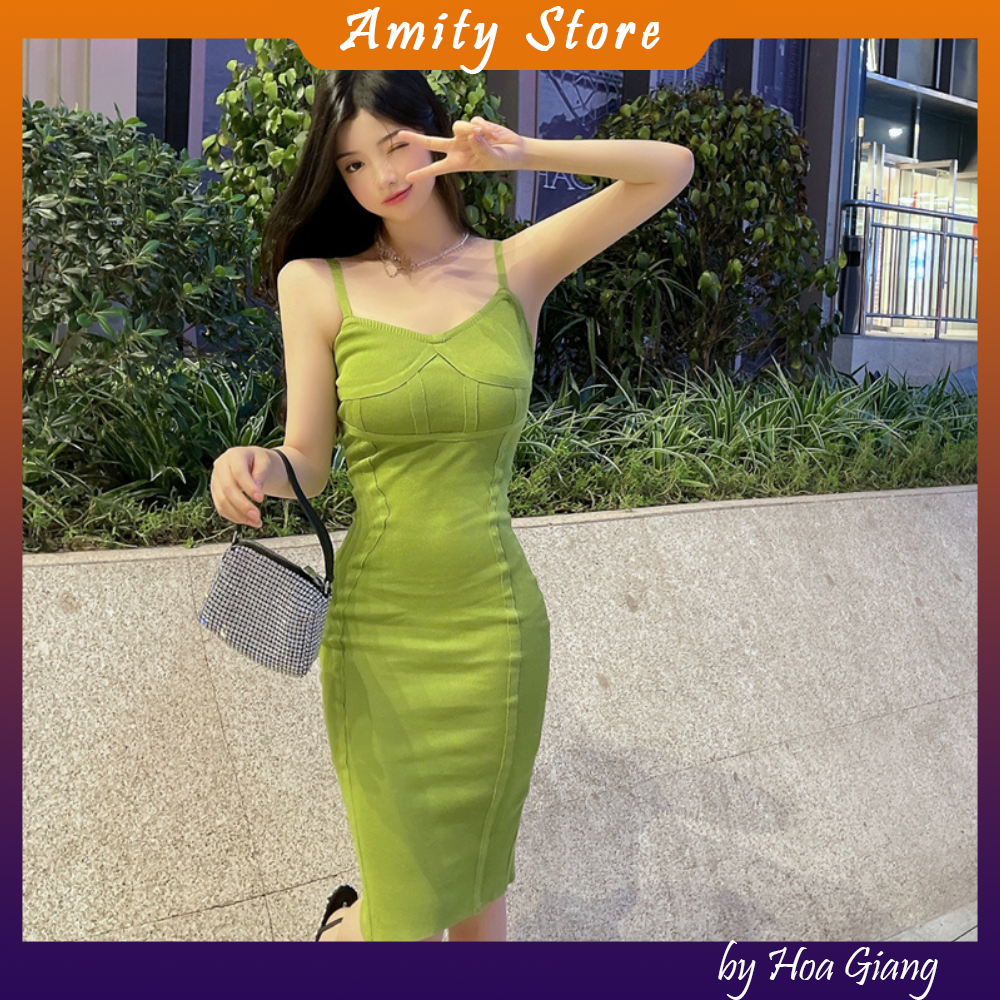 Đầm hai dây len, váy 2 dây ôm dệt kim