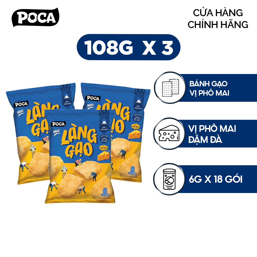 [MỚI] Combo 3 Túi Bánh Gạo POCA LÀNG GẠO Vị Phô Mai 108G - Từ gạo Nhật Japonica, không chiên, không thêm chất bảo quản