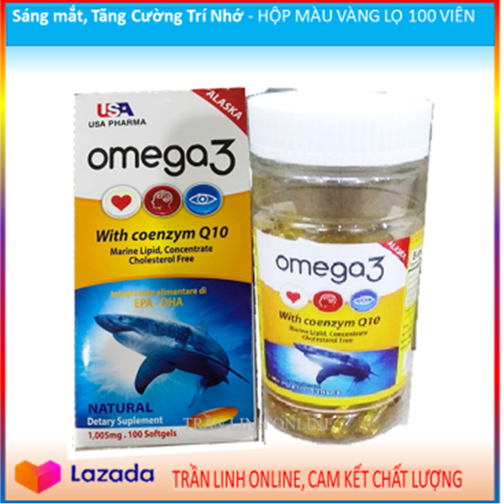 Dầu cá omega 3 with coenzym q10 – sáng mắt, tăng cường trí nhớ - hộp màu vàng lọ 100 viên