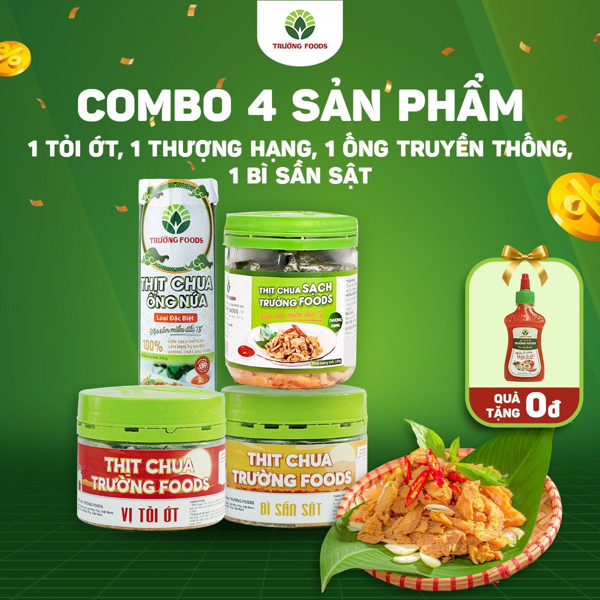Combo 4 thịt chua trường foods ( 1 ống nứa đặc biệt, 1 bì sần sật, 1 thịt chua tỏi ớt, 1 thịt chua thượng hạng)