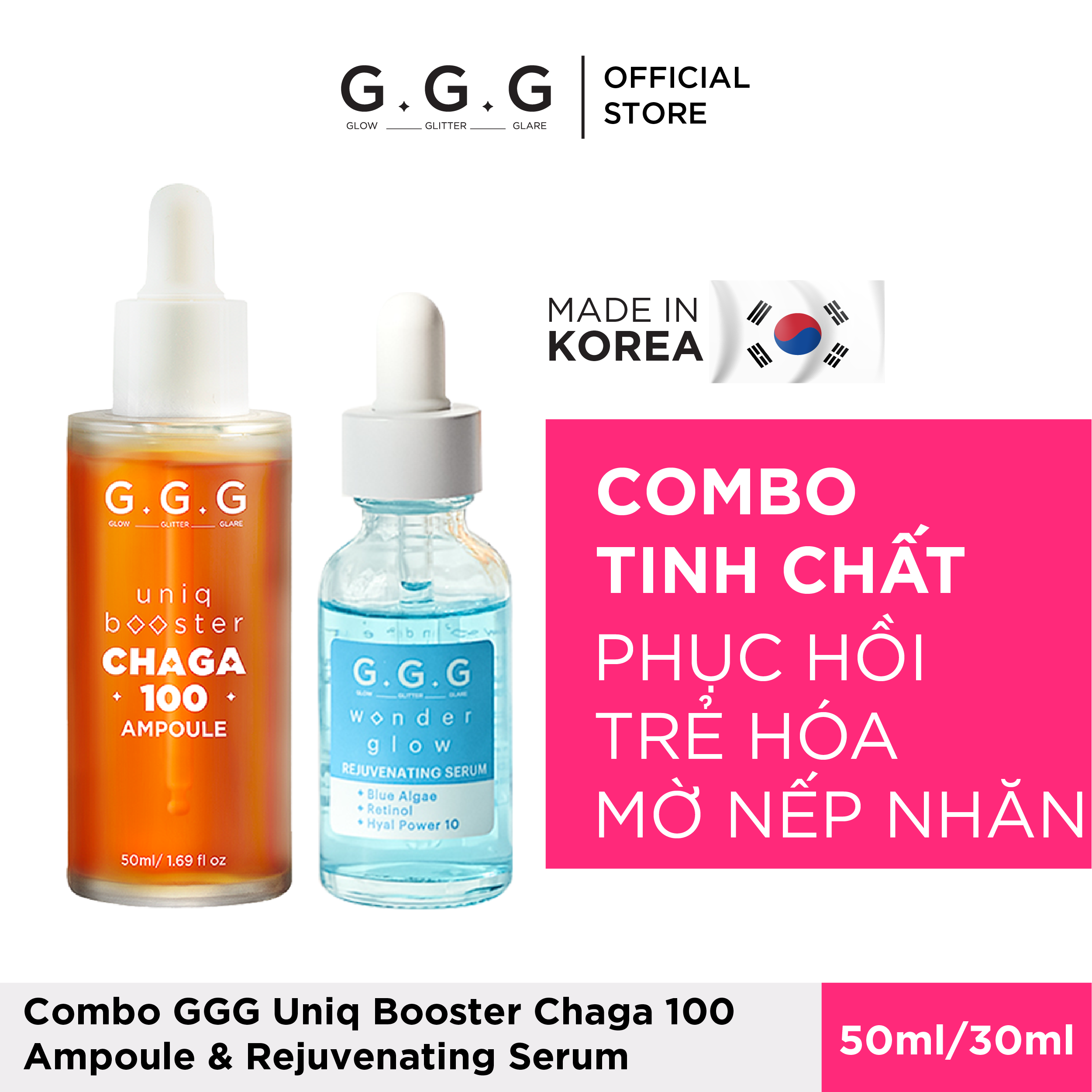 Combo Tinh Chất serum Chống lão hóa Phục Hồi Cấp Ẩm GGG Uniq Booster Chaga 100 Ampoule & Rejuvenating 50ml & 30ml