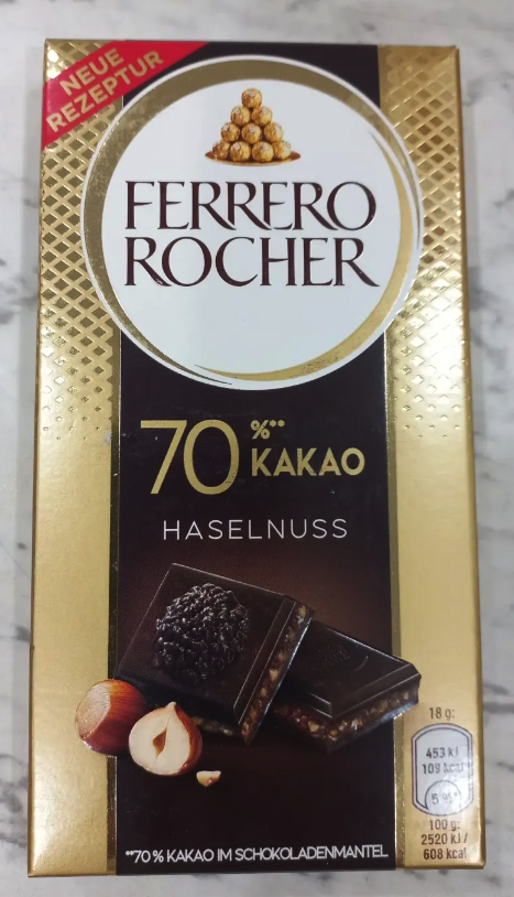 Thanh socola Ferrero Rocher Hazelnut Dark 70% Chocolate Bar 90g. Best before : 10/08/2026