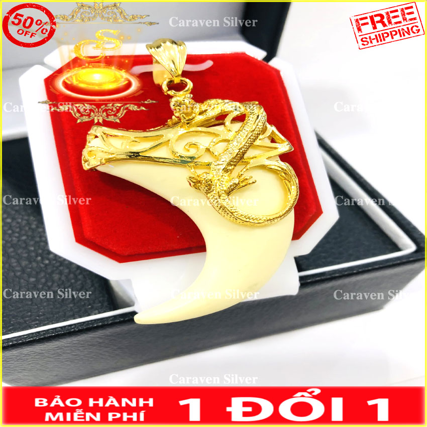 Mặt ngà nhân tạo bọc rồng mạ vàng 18k - Kích thước 3.5x6.5cm,họa tiết rõ nét,sắc xảo - Caraven silver - QC - Mat day chuyen ma vang,mặt dây chuyền mạ vàng,mat day chuyen nam,mặt dây chuyen