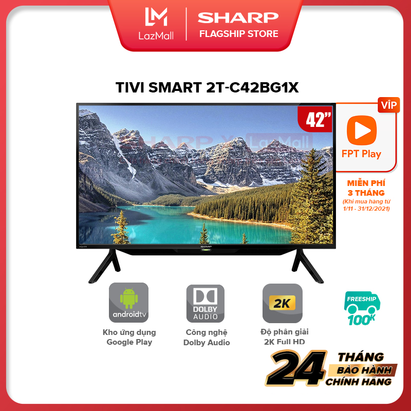 [FREESHIP TOÀN QUỐC]  [Voucher 200k] Smart TV LED Full HD 42 inch Sharp 2T-C42BG1X android 9 wifi, tìm kiếm bằng giọng nói từ xa voice search,  Trình duyệt Web/YouTube/Netflix - Hàng Chính Hãng Bảo Hành 24 tháng