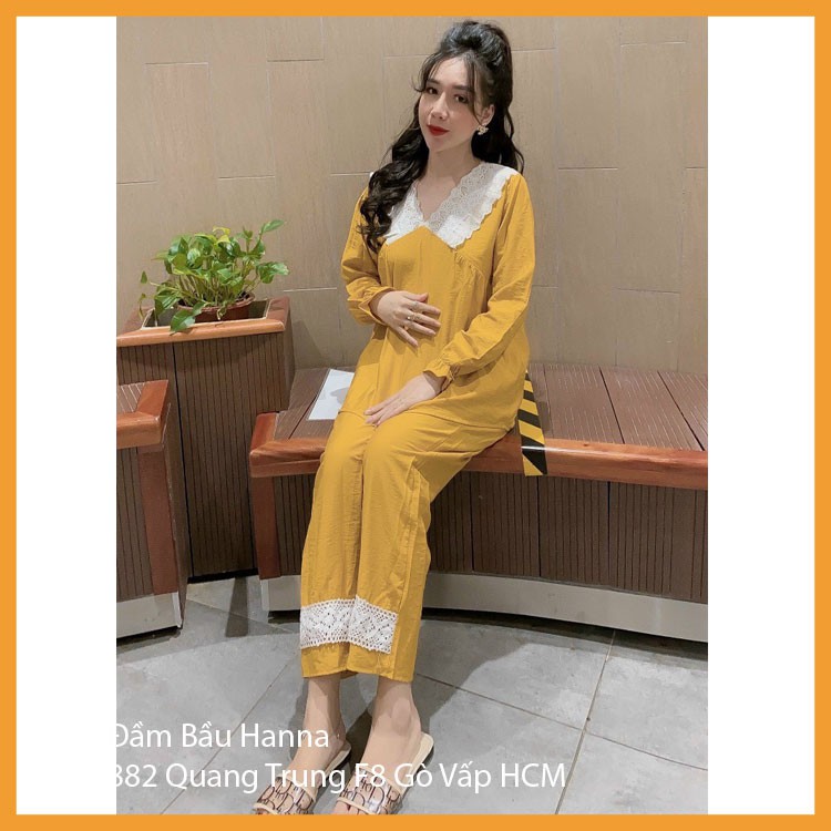 [FREE SIZE 40-75KG]ĐỒ BỘ BẦU DÀI MẶC BẦU VÀ SAU SINH HANNA, CÓ KHÓA BÉ TY, CÓ THUN ĐIỀU CHỈNH BỤNG, VẢI LỤA PHI MÁT KHÔNG NHĂN
