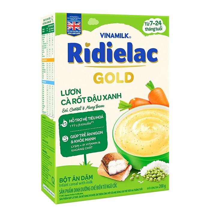Bột ăn dặm dinh dưỡng vinamilk ridielac gold lươn cà rốt đậu xanh hộp 200g