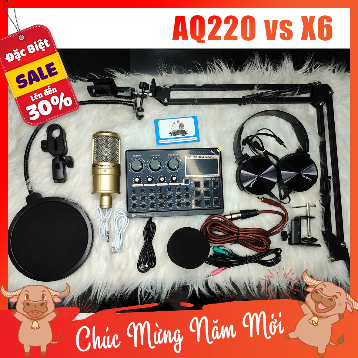 [tặng full phụ kiện] trọn bộ combo micro aq220 + sound card x6 + full phụ kiện livestream karaoke thu âm xịn sò bảo hành 12 tháng