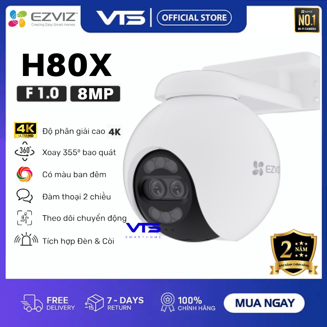 Camera Wifi EZVIZ H80X 4K 8MP, Ống Kính Kép, Xoay 360 Độ, Có Màu Ban Đêm, Đàm Thoại 2 Chiều - Bảo Hành 2 Năm - VTS