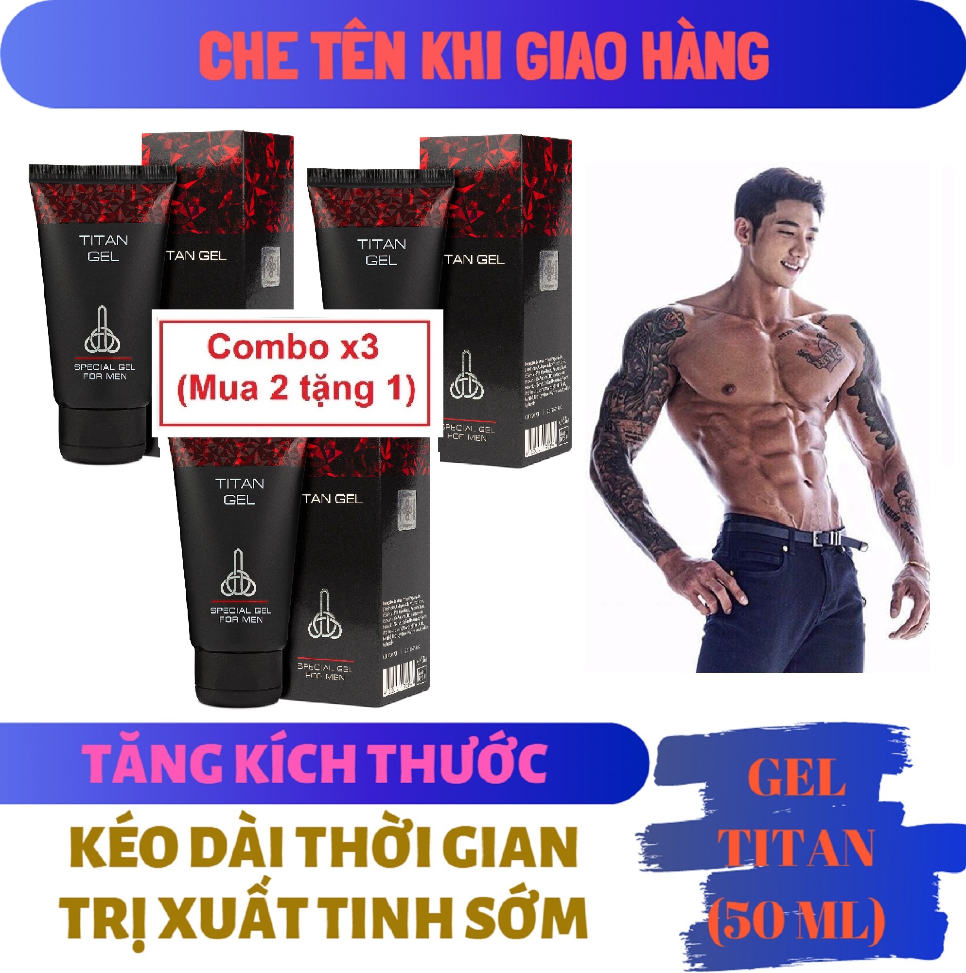 Combo x3 (Mua 2 tặng 1) (Lô mới nhất) Titan Gel Nga cao cấp - Gel dành cho nam - hàng chính hãng (chai 50ml)