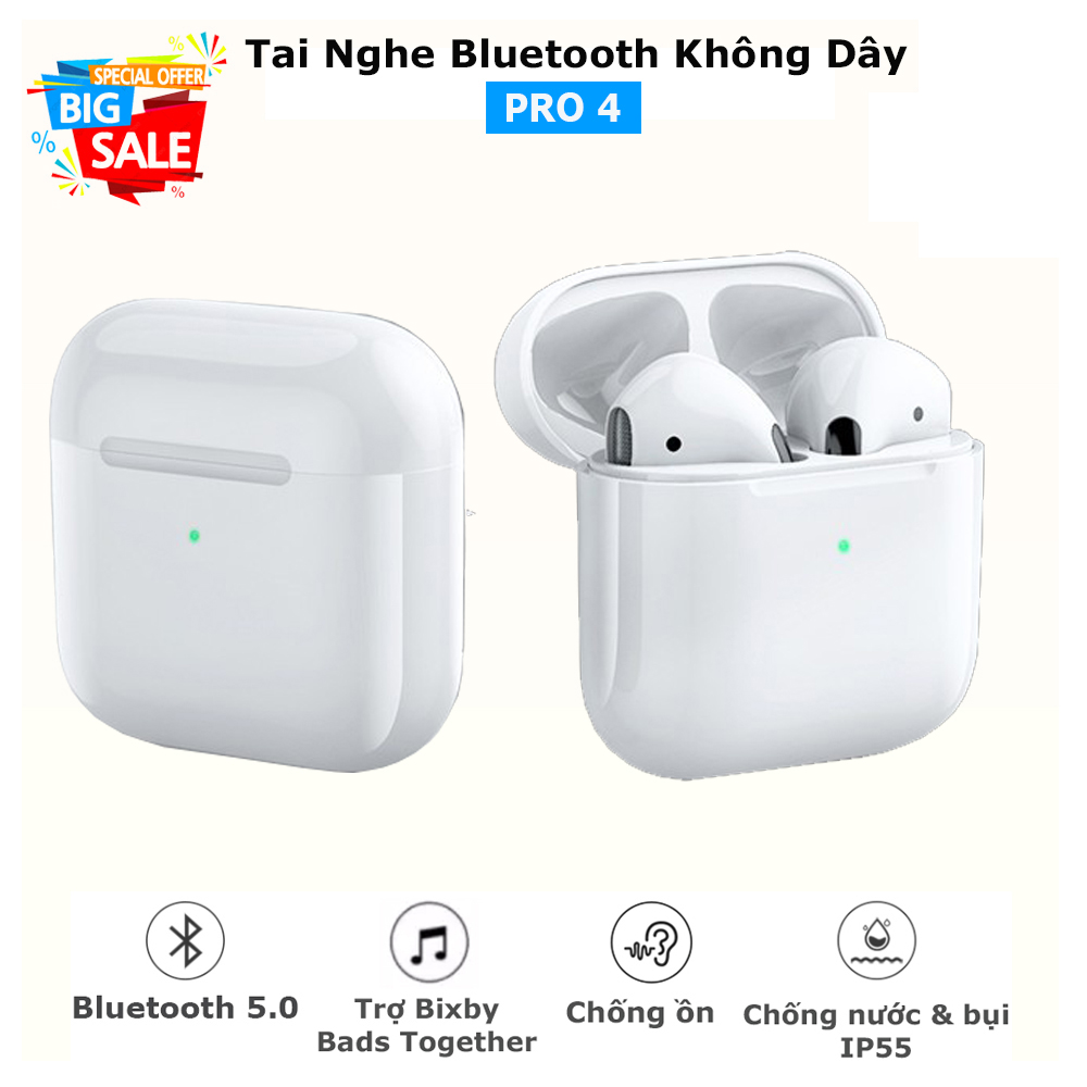[ SIÊU SALE 50 % ] Tai nghe không dây, Tai Nghe Bluetooth Pro 4 Bản Nâng Cấp, Âm Thanh đinh Cao, Thiết Kế Nhỏ Gọn Pin Trâu Hỗ Trợ tất cả các Dòng Máy, Micro Đàm Thoại 2 Bên, Bảo hành uy tín 1 đổi 1.