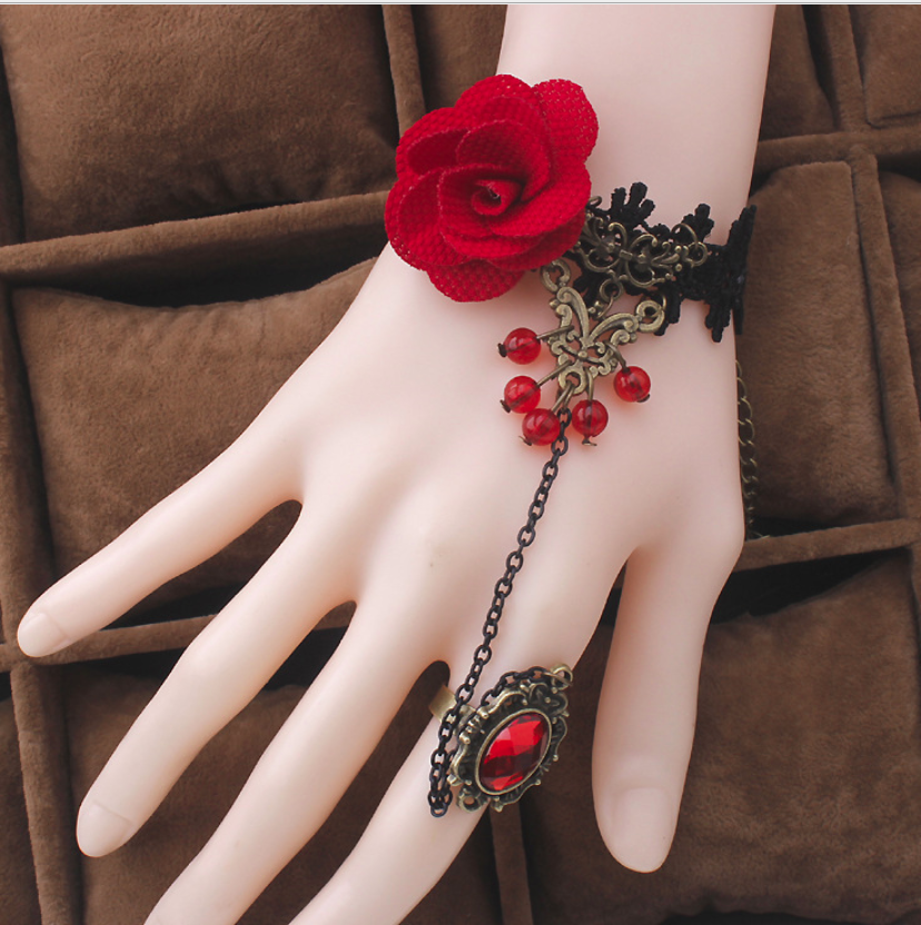 Vòng tay choker bông hồng đỏ liền nhẫn xinh xắn