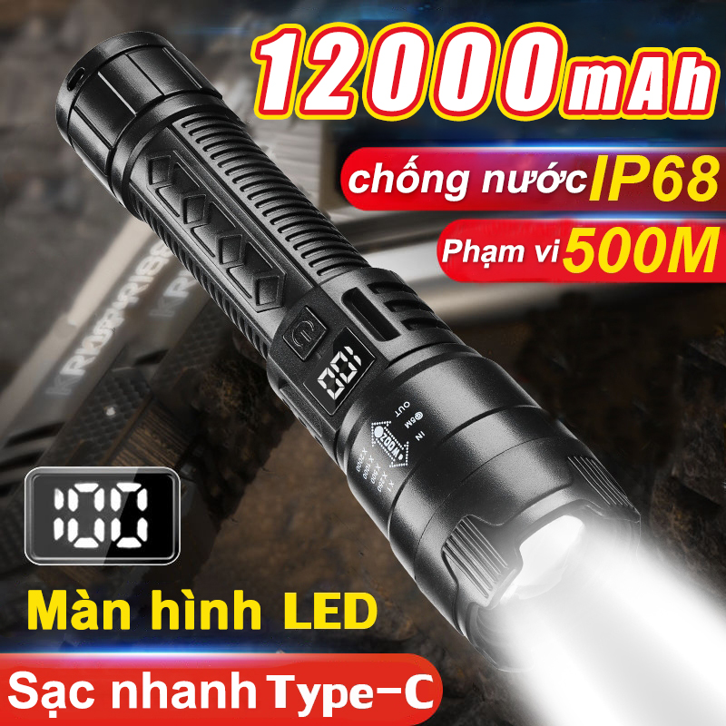 🏆Giao tận nơi🏆Đèn pin LED 12000mAh,đèn pin zoom xa gần,3 chế độ,vỏ kim loại,chống nước IP68,sạc USB,dùng cho dã ngoại, đèn pin siêu sáng,đèn pin chiếu xa,đèn cắm trại