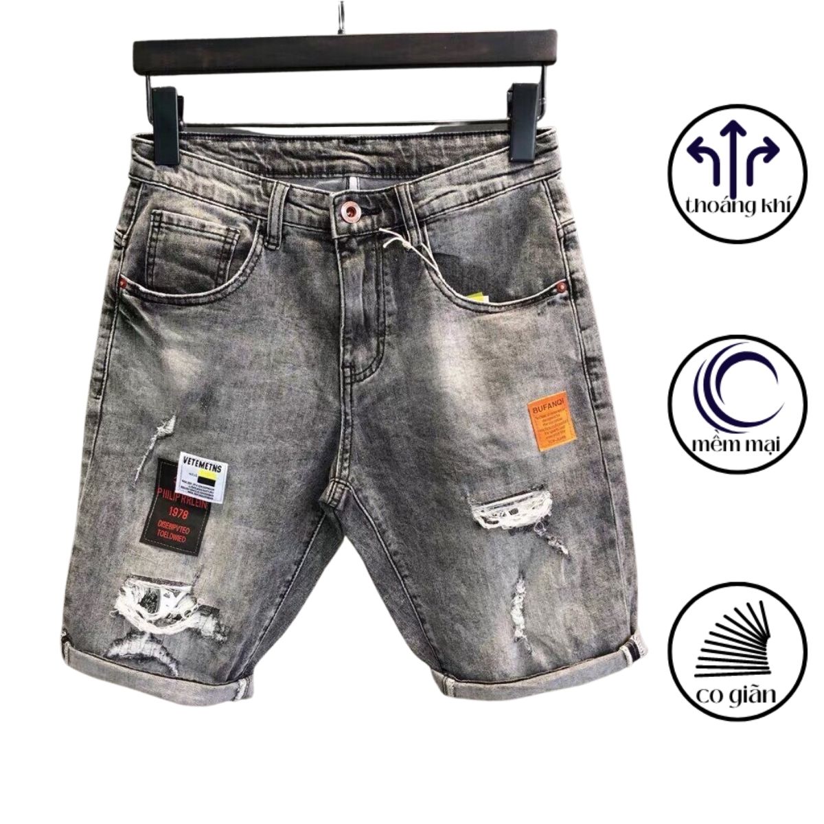 Quần short jeans nam cao cấp,Quần jeans short co gianxmauf xám