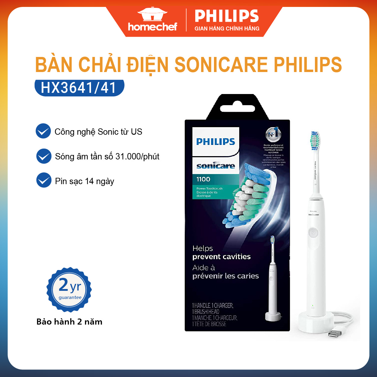  Bàn chải điện Philips sonicare HX3641 41 làm sạch mảng bám bảo vệ nướu lợi bảo hành 2 năm - Hàng chính hãng 