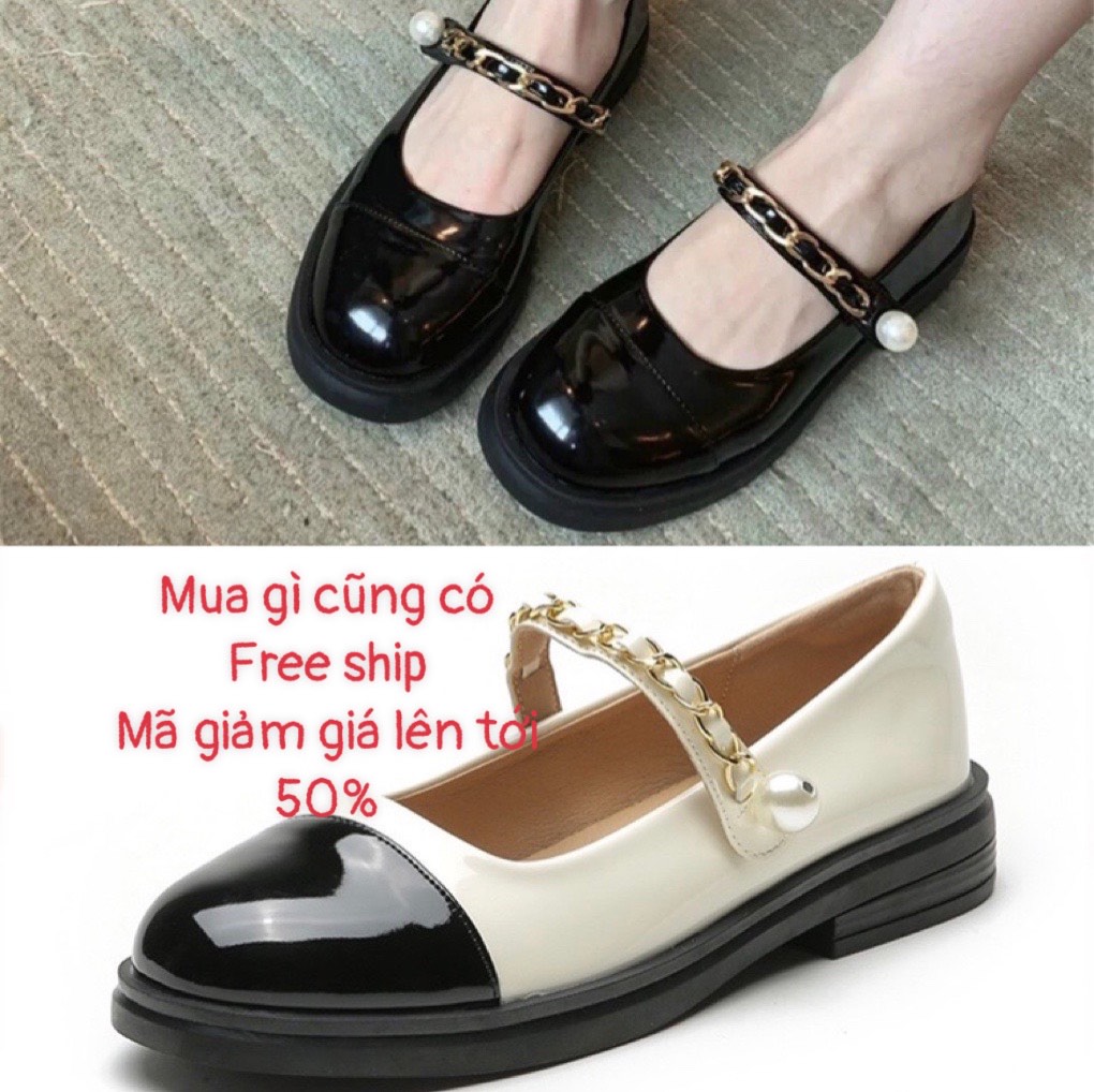 Giày Mary jane quai xích phối ngọc phong cách Hàn Quốc