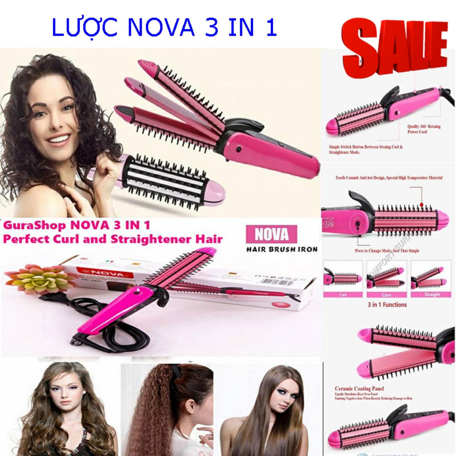 Máy làm tóc 3 chức năng uốn, duỗi, bấm dập xù NOVA, lược điện NOVA tạo kiểu tóc