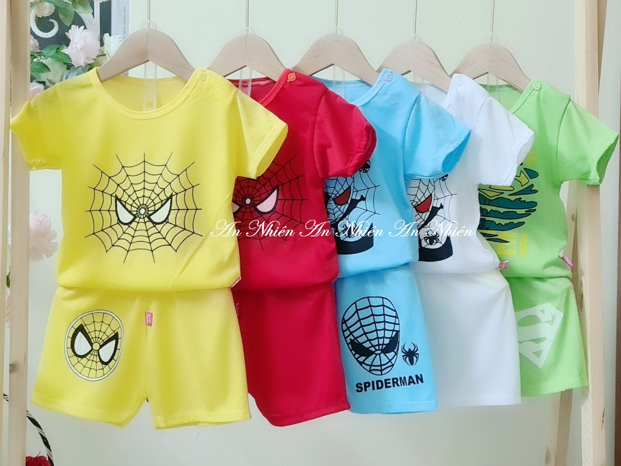 [Cực ngầu] Combo 5 bộ quần đùi áo ba cộc tay họa tiết siêu nhân nhện cho bé 3-15kg