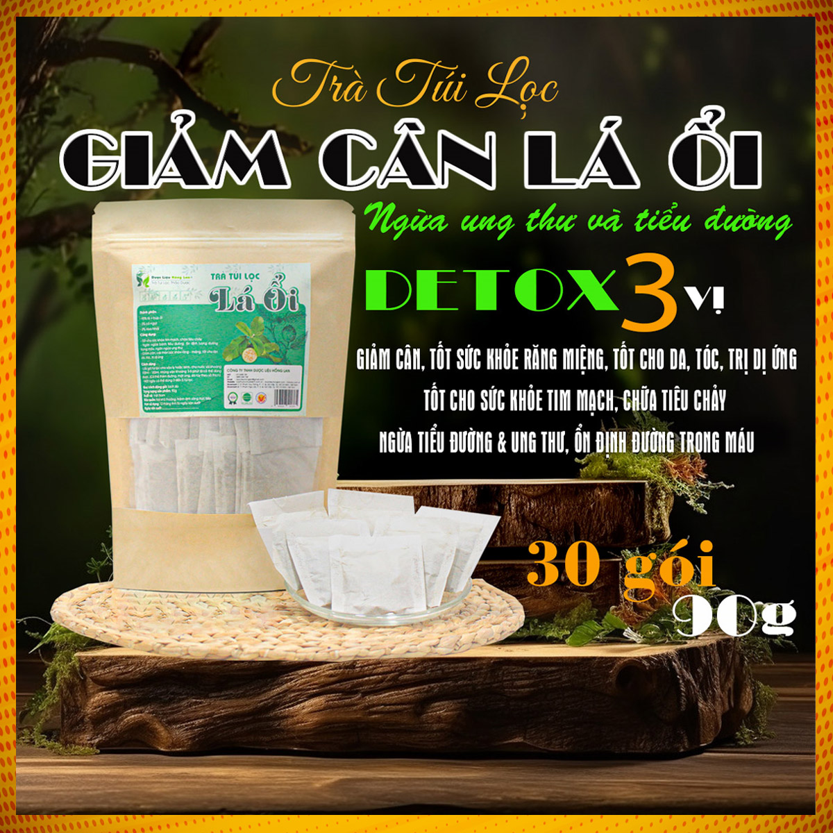 Trà Lá Ổi {Bịch 90g (30 túi lọc x 3g)} Detox Giảm Cân, Ngừa Tiểu Đường & Ung Thư - Trà Dược Liệu Hồng Lan
