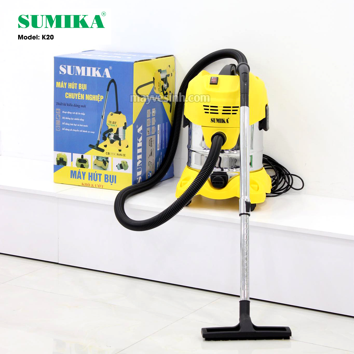 Máy hút bụi gia đình sumika k20 - 1600w, 20l, có thể hút nước, motor ametek của mỹ, tầng lọc hepa, dây điện dài 10m, thùng chứa thép không gỉ - hàng chính hãng