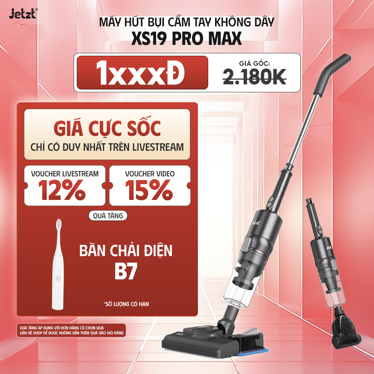 Máy hút bụi cầm tay không dây JETZT XS19 lực hút mạnh 18.500PA, lau sàn hút bụi đa năng 5in1