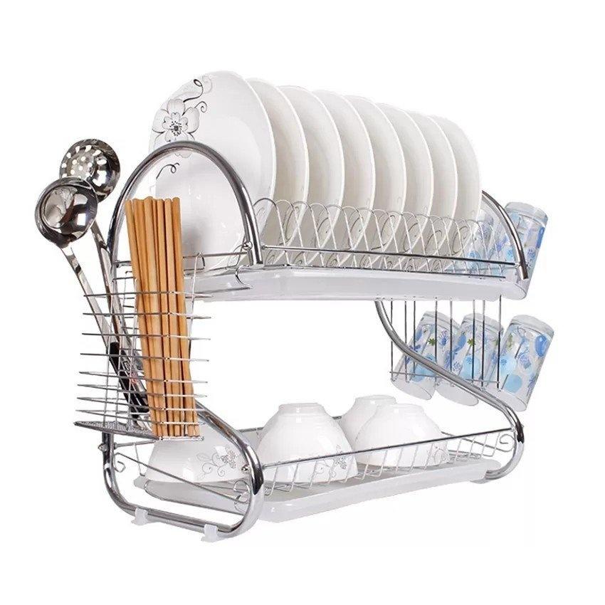 Kệ úp chén bát inox 2 tầng sang trọng, kệ chén dĩa, kệ nhà bếp chữ S