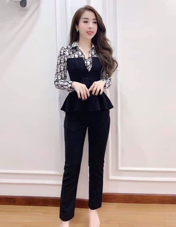 Sét bộ peplum dài tay cổ sơ mi tay dài thời trang bambo