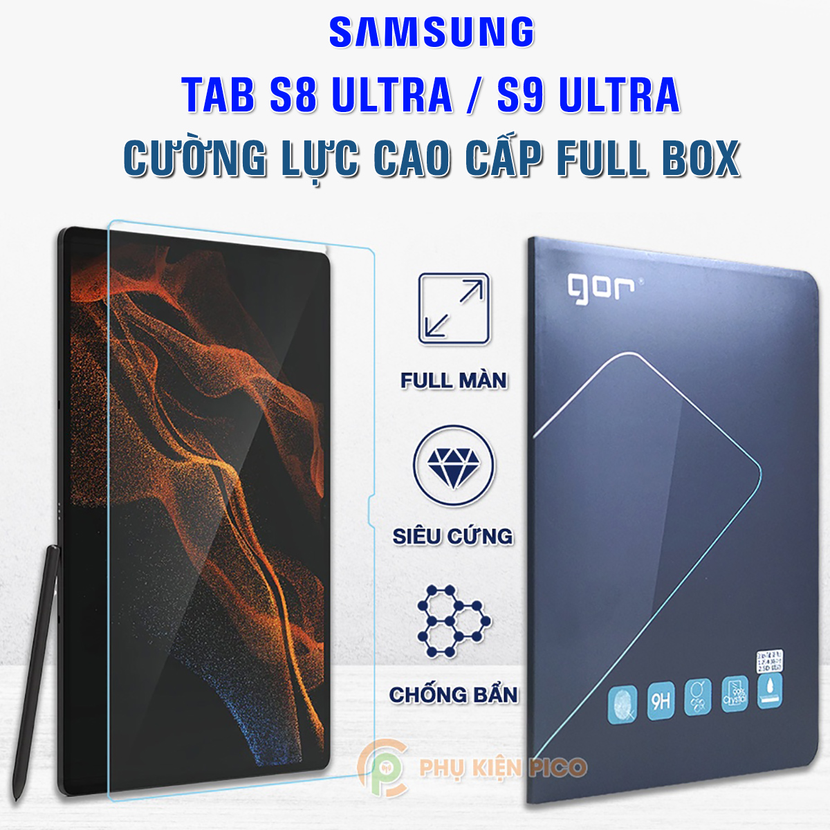 Kính cường lực Samsung Tab S8 Ultra / Tab S9 Ultra full màn hình chính hãng Gor - Dán màn hình Samsung Galaxy Tab S8 Ultra