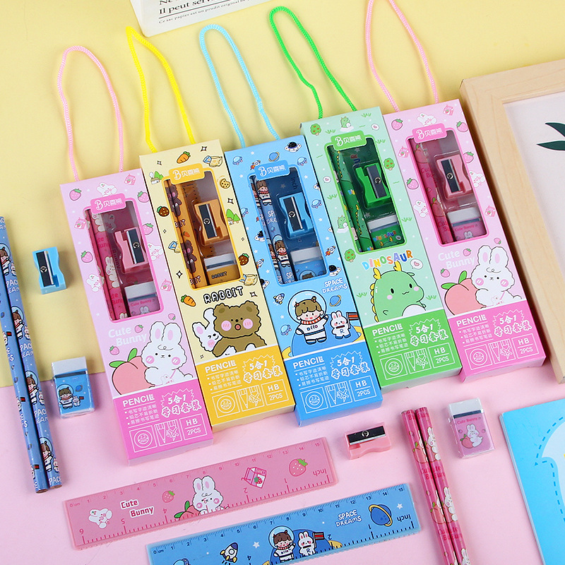 Set 5 dụng cụ học tập đáng yêu cho bé bc03 - sản phẩm gồm 2 bút chì + 1 thước + 1 gôm + 1 chuốc