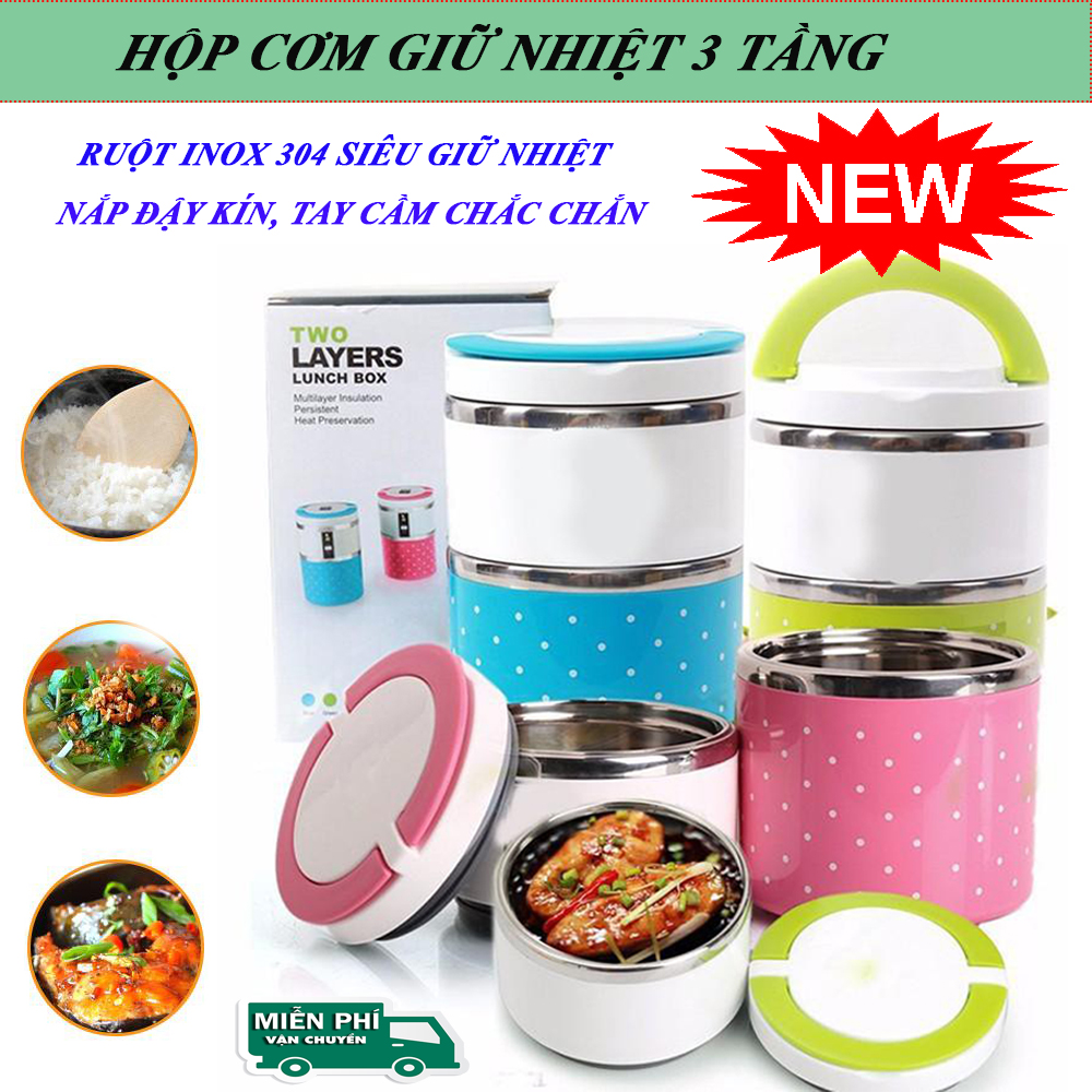 Hộp Đựng Cơm Văn Phòng, Hộp Đựng Cơm Giữ Nhiệt 3 Tầng Cao Cấp, Cạp Lồng Giữ Nhiệt. Chống Tràn Cực Tốt, Giữ Nhiệt Từ 5 - 6 Tiếng, Thiết Kế 3 Tầng Dễ Dàng Phân Loại Thức Ăn, Với Các Khớp Nối Kín Giúp Giữ Nhiệt Tốt.