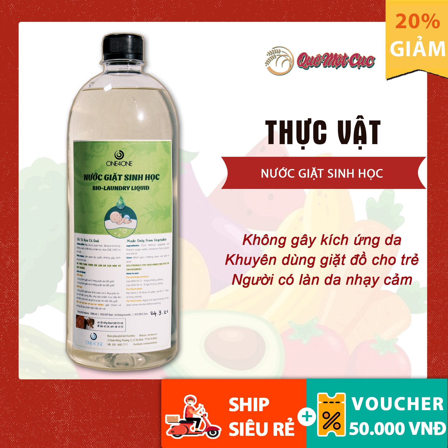 Nước giặt sinh học , nước giặt hữu cơ, gốc thực vật Quê Một Cục, 1 Lít