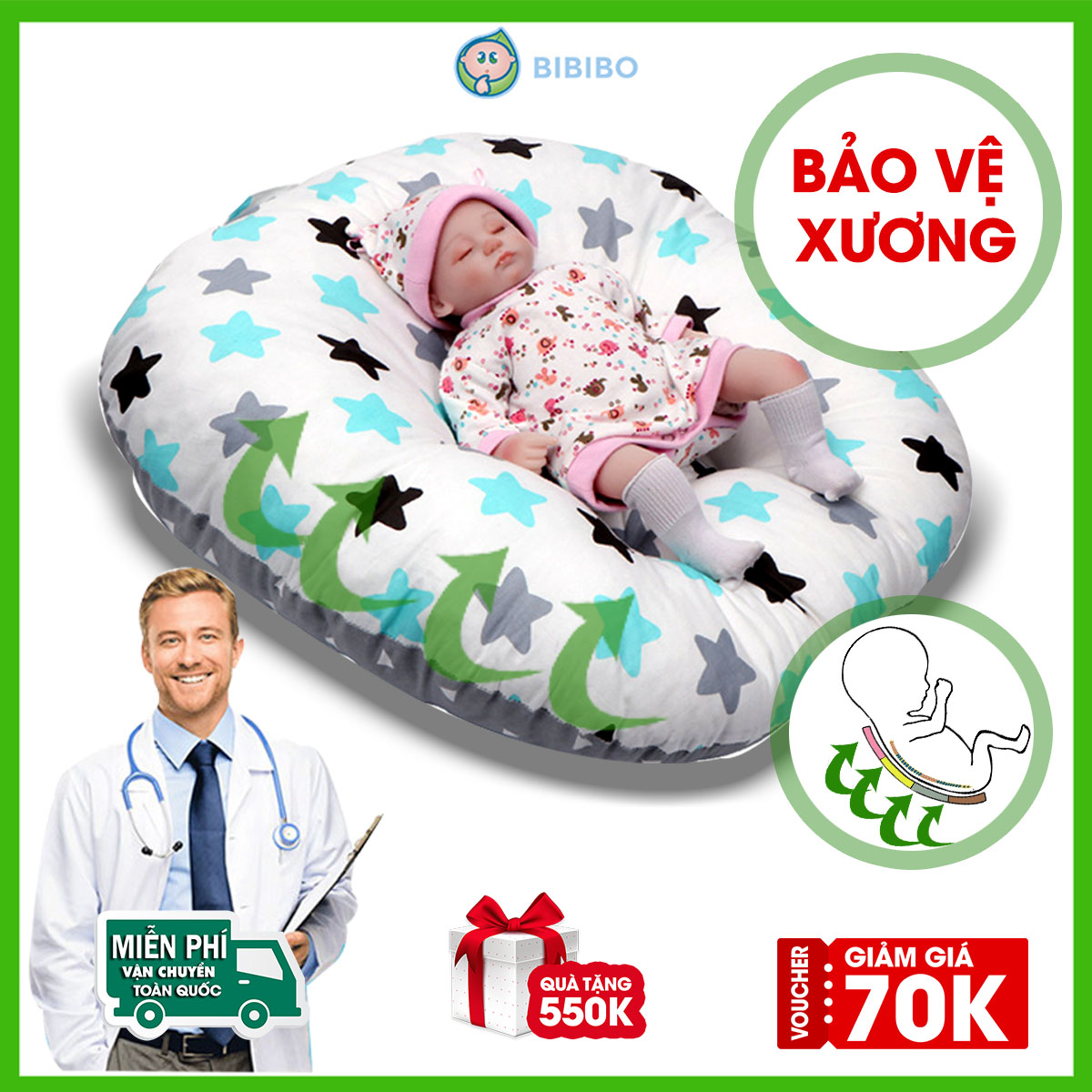 Gối chống trào ngược cho bé AKITA ROYAL K75 bảo vệ xương, vải 100% cotton Hàn cao cấp. Gối cho trẻ sơ sinh ngủ chống giật mình. Nệm cho bé đa năng êm ái, chống bẹp đầu, thấm hút mồ hôi tốt- Lỗi 1 đổi 1 - Shop BIBIBO