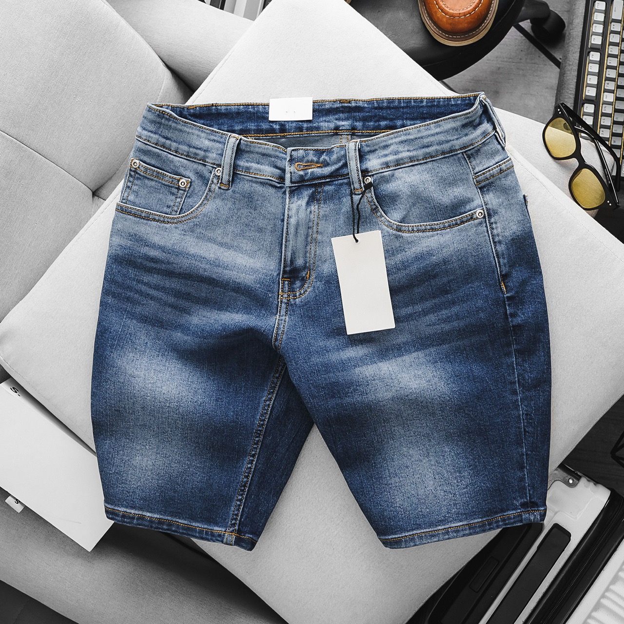 Quần Short Jean Nam Xuất Khẩu Co Giãn Simfit Màu Xanh sáng