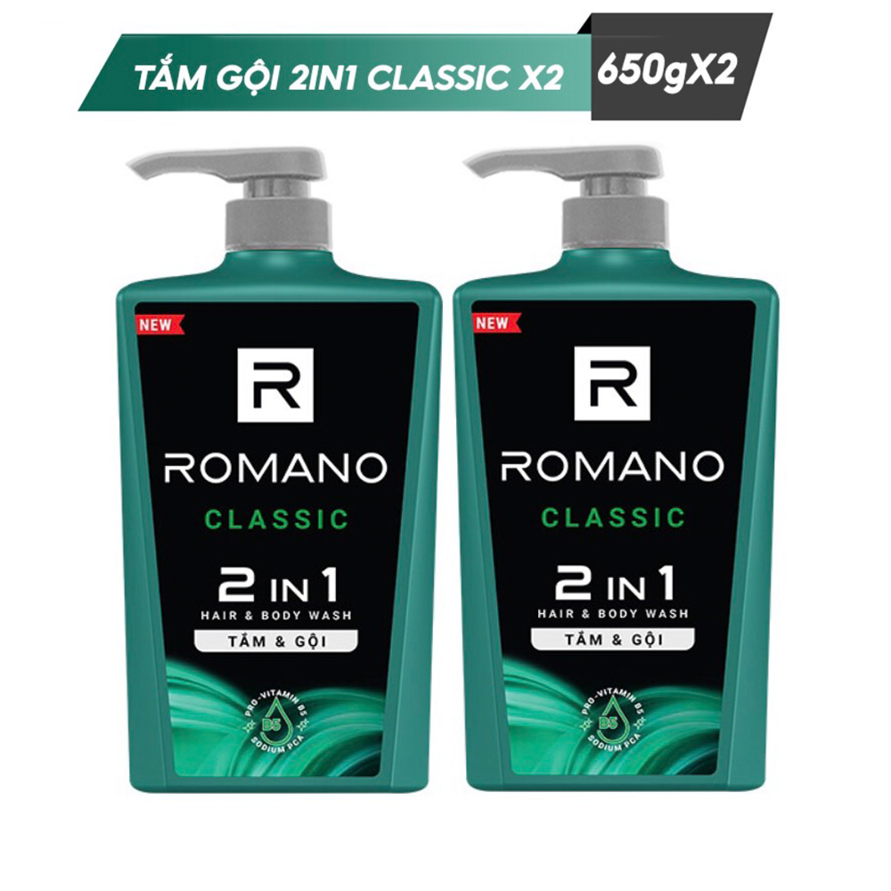 Bộ 2 chai tắm gội 2in1 romano classic 650g/chai