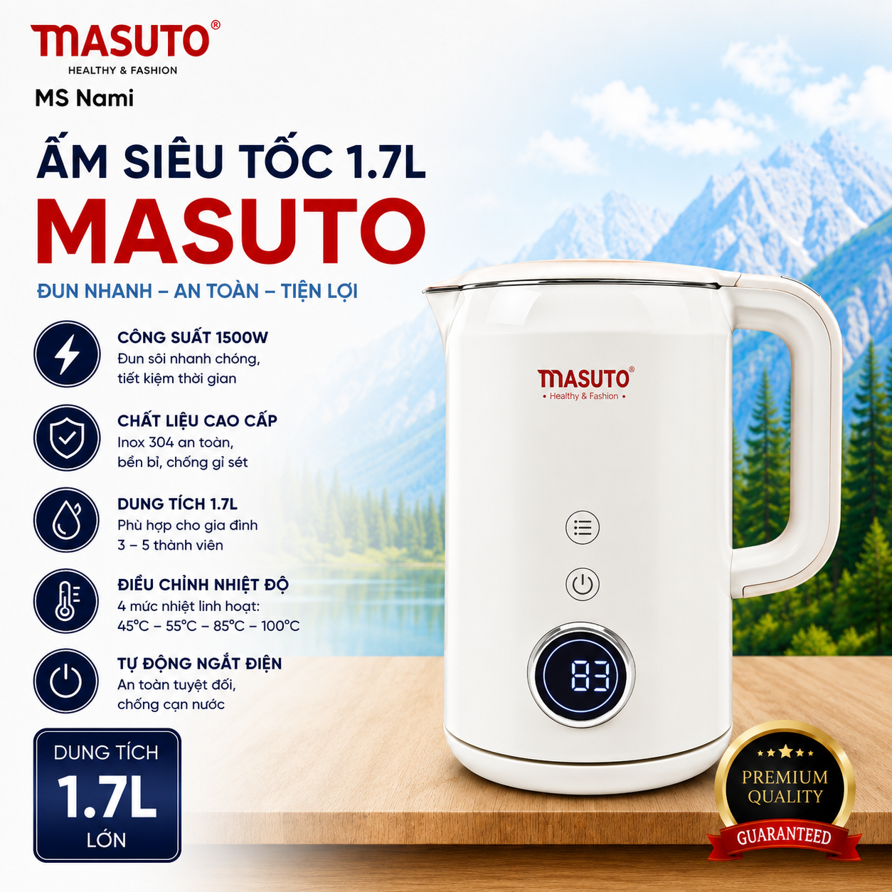 Ấm Siêu Tốc 1.7L MS Nami Masuto Chính Hãng – Đun Nhanh, Tiết Kiệm Điện