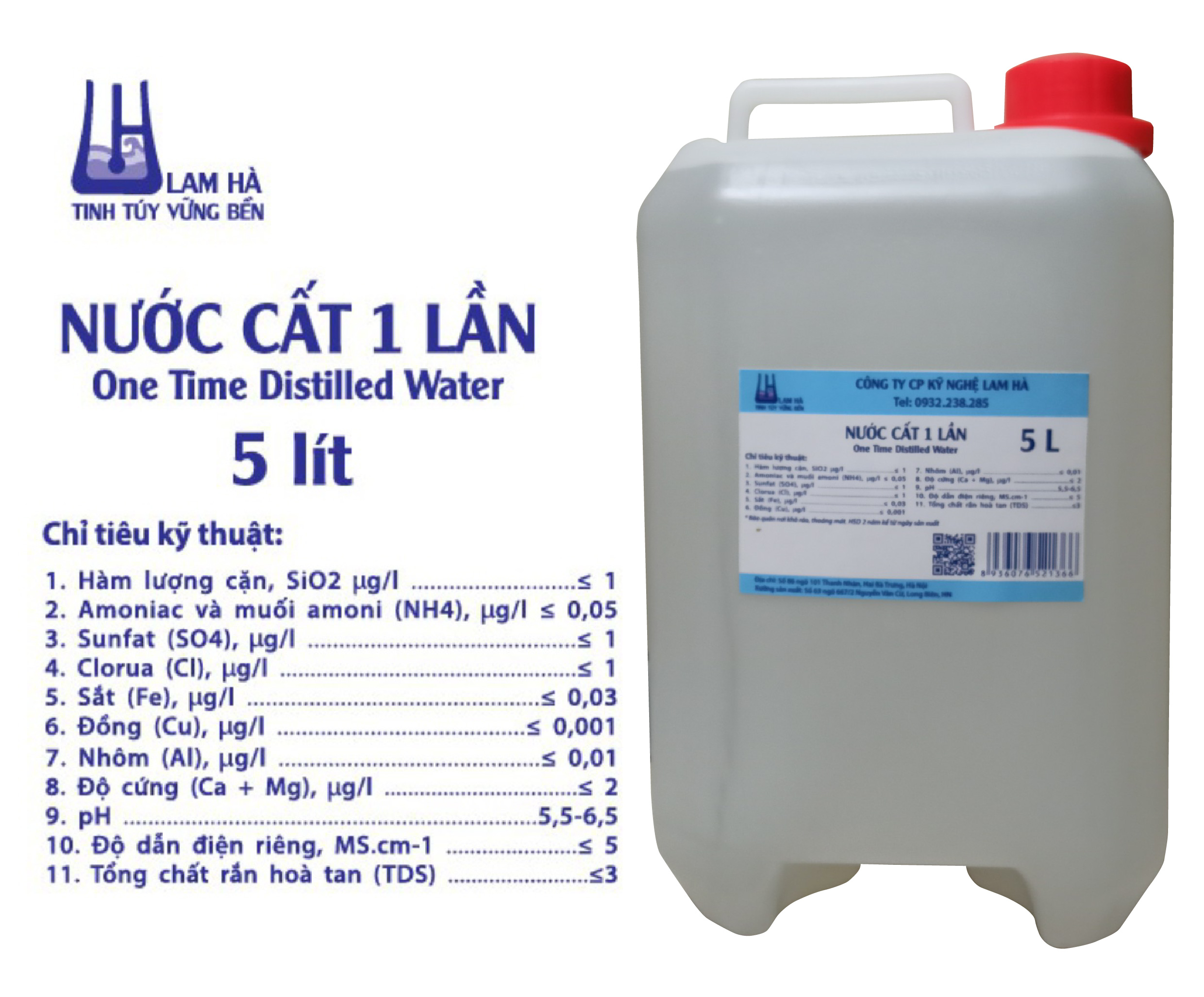 Nước cất 1 lần, nước cất 2 lần, nước cất 3 lần can 5L