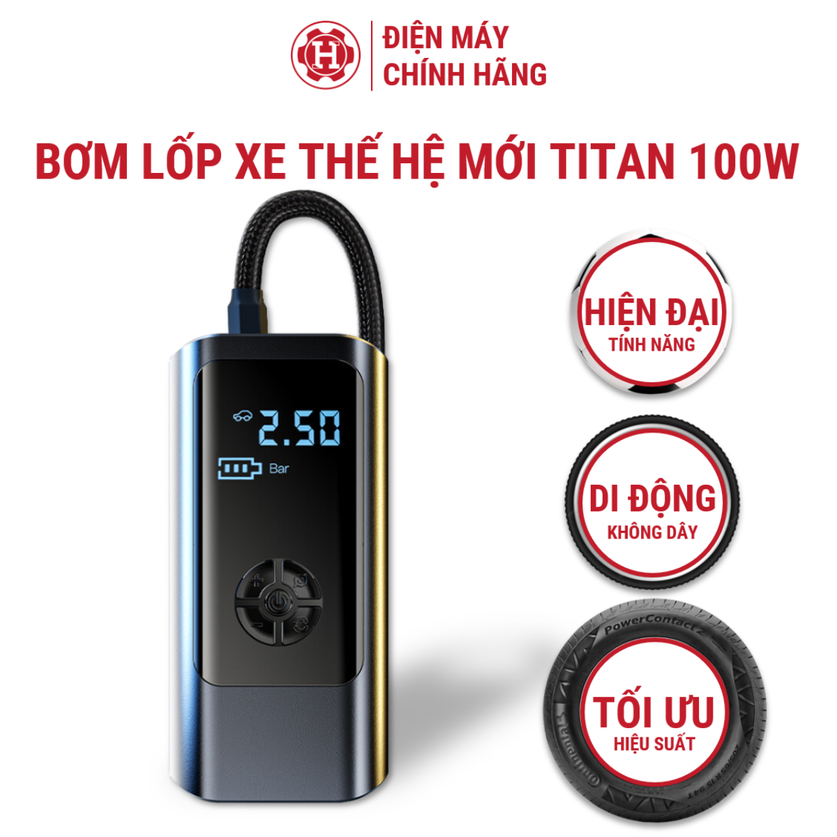 Bơm lốp xe thế hệ mới di động đa năng titan 100w