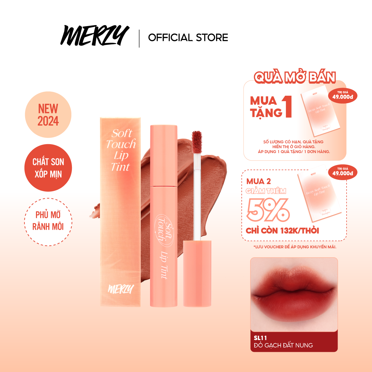 [Tặng Son mini khi mua 2 sp]Son Kem Siêu Lì, Siêu Mịn Môi Hàn Quốc Merzy Soft Touch Lip Tint 3g