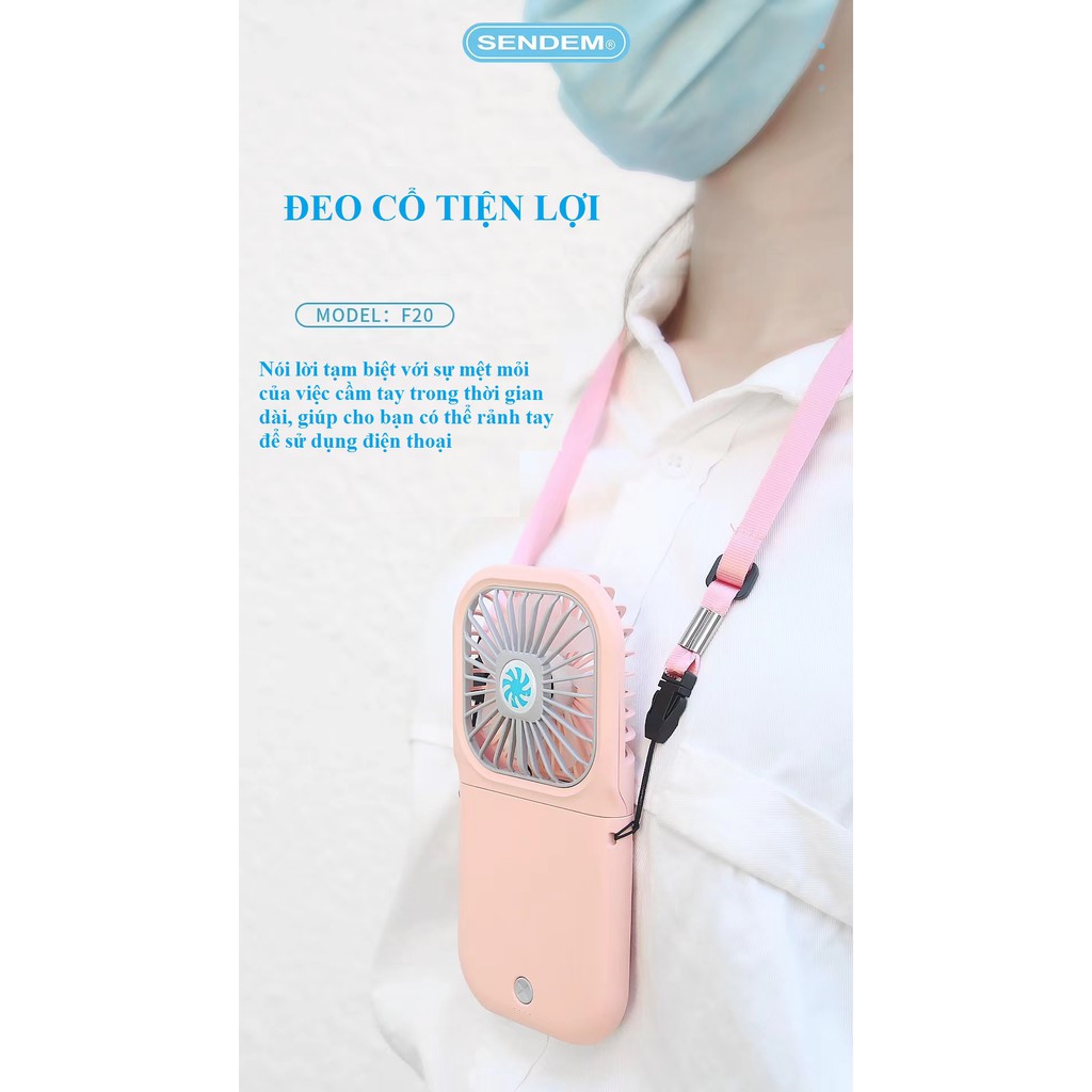Quạt Mini Cầm Tay Sendem F20 Kiêm Sạc Dự Phòng Dung Lượng 3000Mah - Đeo Cổ Tiện Lợi Có Thể Gấp Được - Hàng