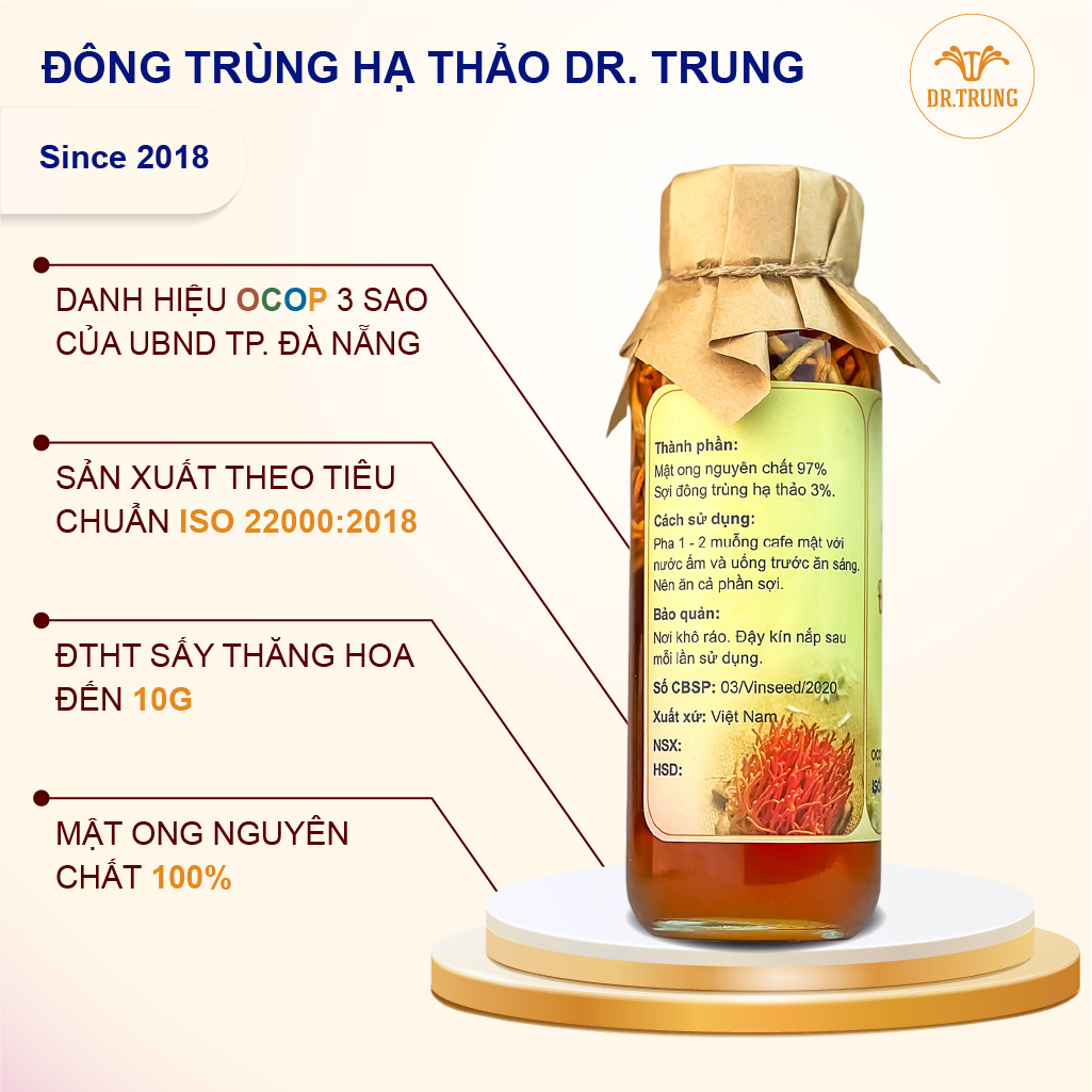 Mật ong Đông trùng hạ thảo Dr. Trung Loại Ngâm Sợi Sấy thăng hoa 10g đông trùng 300ml mật ong Tăng đề kháng hệ miễn dịch