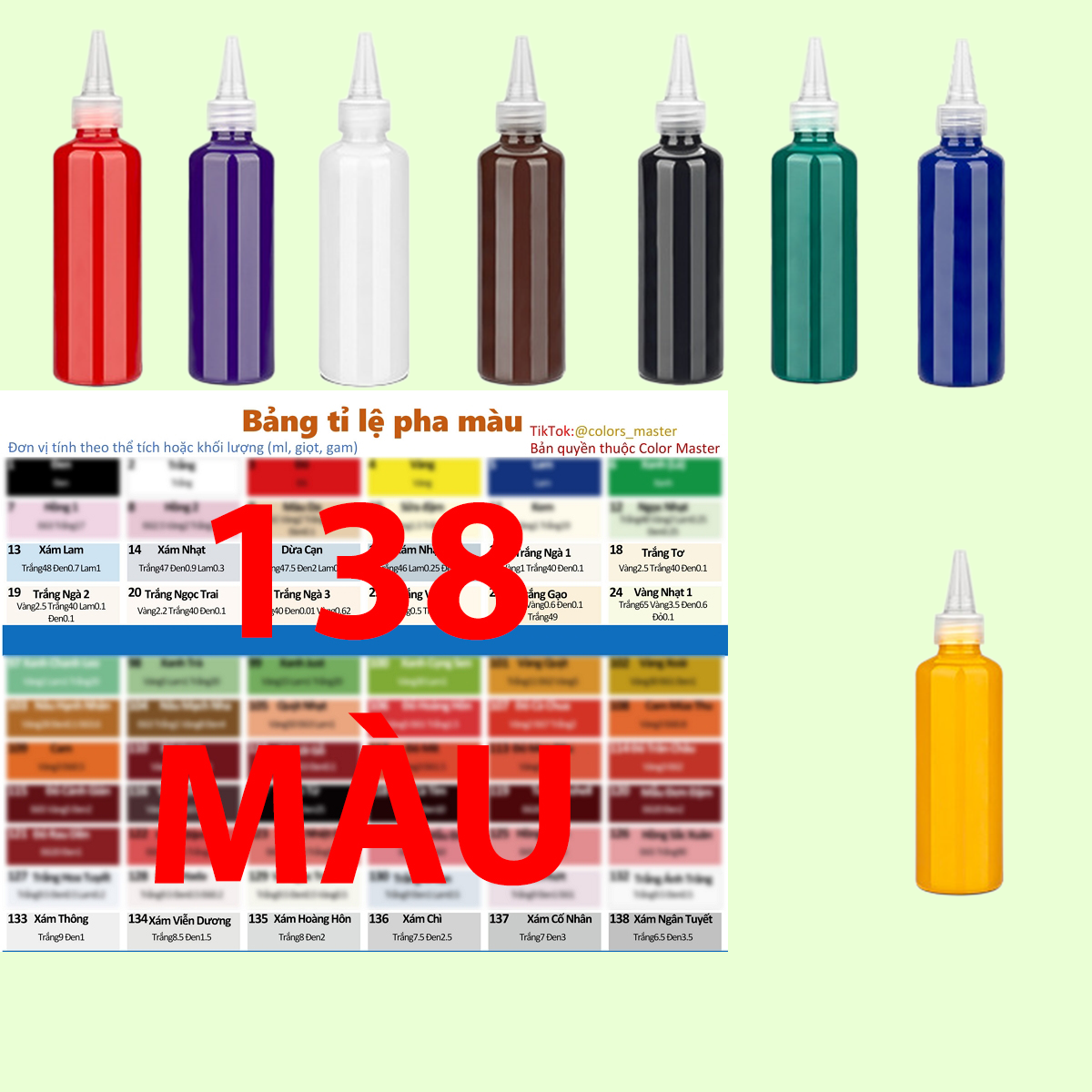 COMBO02 Bảng tỉ lệ pha màu+08 lọ sơn màu vẽ acrylic 100ml dùng trong điều